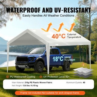 Cubierta de Carport de Reemplazo 6100 x 3040 mm, Carpa de Refugio para Garaje, Lona Pesada Impermeable y Protegida contra UV, Instalación Fácil con Bungee de Bola, Blanca (Solo Cubierta Superior, ...