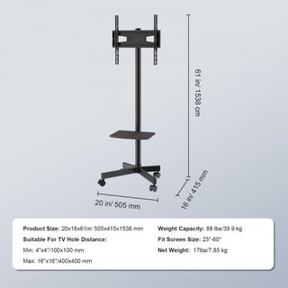 Soporte de TV Móvil, Carro de TV Móvil para TVs de 23 a 60 pulgadas, Soporte de TV Portátil Ajustable en Altura con Ruedas, con una Bandeja para Dispositivos Audiovisuales, Soporte de TV Rodante c...