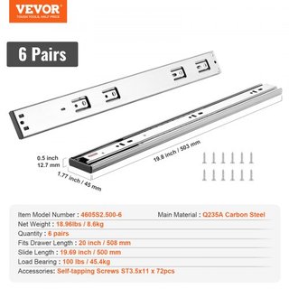 6 Pairs of 508mm Drawer Slides Side Mount Rails, Heavy Duty Full Extension Steel Track, Soft-Close Noiseless Guide Glides Cabinet Kitchen Runners with Ball Bearing, 100 Lbs Load Capacity