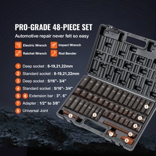 Juego de Enchufes de Impacto de 3/8", Juego de 48 Piezas SAE (5/16" - 3/4") y Métrico (8-22mm) Barra de Extensión de 6 Puntos Cr-V, Junta Universal y Adaptador para Taladro Eléctrico Incluye Estuc...