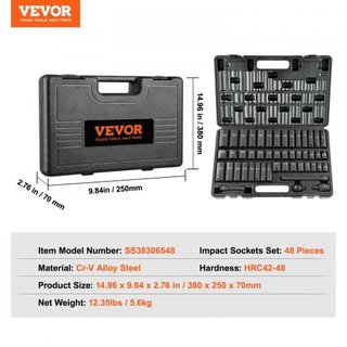 Juego de Enchufes de Impacto de 3/8", Juego de 48 Piezas SAE (5/16" - 3/4") y Métrico (8-22mm) Barra de Extensión de 6 Puntos Cr-V, Junta Universal y Adaptador para Taladro Eléctrico Incluye Estuc...