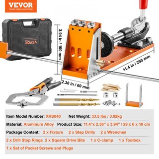 Kit de Plantilla de Agujeros de Pocket, 34 Pcs Sistema de Plantilla de Agujeros de Pocket con C-clamp de 27.9 cm, Accesorio, Brocas de Paso, Llaves, Anillos de Detención de Taladro, Puntas de Cond...