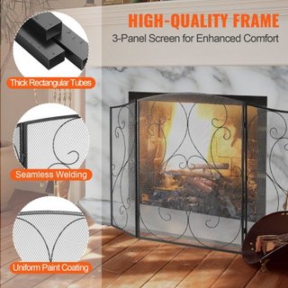 Pantalla de Chimenea de 3 Paneles, Pantalla de Chimenea de Malla de Hierro Resistente, Cubierta de Protección contra Chispas de 122(L)x76.7(H)CM, Sin Necesidad de Montaje, Rejilla de Chimenea Inde...