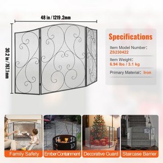 Pantalla de Chimenea de 3 Paneles, Pantalla de Chimenea de Malla de Hierro Resistente, Cubierta de Protección contra Chispas de 122(L)x76.7(H)CM, Sin Necesidad de Montaje, Rejilla de Chimenea Inde...