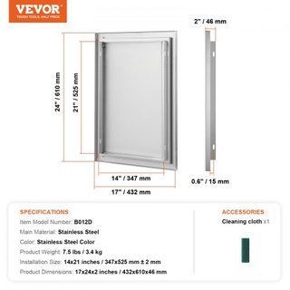 Puerta de Acceso para BBQ, Puerta de Cocina Exterior Individual de 432x610 mm, Puerta de Montaje Flush de Acero Inoxidable, Puerta Vertical de Pared con Mango Recesado, para Isla de BBQ, Estación ...
