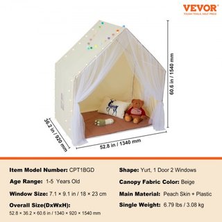 Tienda de Juego para Niños, Tienda para Niños de 1 a 5 Años, Tienda para Niños con Alfombra y Lámpara de Tienda, Tienda para Niños con Ventanas para Interior y Exterior, Tienda Yurt para Niños y N...