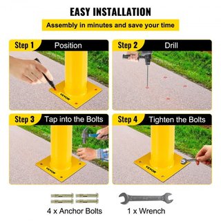 Bollard de Seguridad 107 cm x 11.4 cm Barrera de Seguridad Bollard 11.4 cm OD 107 cm de Altura Tubo de Acero con Recubrimiento en Polvo Amarillo con 4 Anclajes Gratis para Áreas Sensibles al Tráfico
