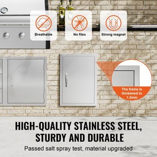 Puerta de Acceso para BBQ, Puerta de Cocina Exterior Individual de 432x610 mm, Puerta Montada a Ras de Acero Inoxidable, Puerta Vertical de Pared con Mango, para Isla de BBQ, Estación de Parrilla,...