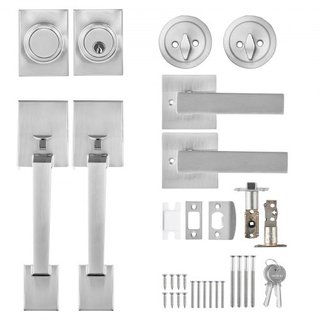 Juego de Manijas de Doble Puerta, Juego de Cerraduras de Doble Puerta con Palanca Reversible, Palanca Cuadrada de Níquel Satinado, Juego de Manijas de Doble Puerta Frontal de Alta Resistencia con ...