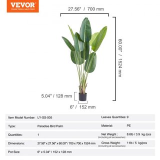 Árbol Artificial de Aves del Paraíso, Planta Falsa de 1.5m de Altura, Material PE y Protección Antivuelco, Planta de Bajo Mantenimiento, Árbol Falso Verde Realista para Decoración de Hogar, Oficin...