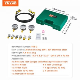 Kit de Prueba de Presión Hidráulica, 250/400/600bar, 3 Manómetros 6 Acoplamientos de Prueba 3 Mangueras de Prueba, Conjunto de Manómetros Hidráulicos para Excavadoras con Estuche Portátil para Exc...