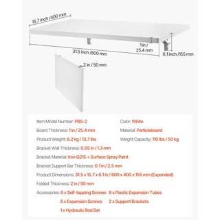 Tavolo Pieghevole a Parete, Tavolo da Montaggio a Parete da 80 x 40 cm, Scrivania Galleggiante con Supporto in Ferro, Scrivania Pieghevole per Piccoli Spazi, Ufficio a Casa, Cucina...