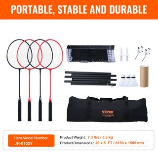 Juego de Red de Bádminton, Red de Bádminton para Playa, Parque y Jardín, Juego de Equipos de Bádminton Portátil, Red de Bádminton para Adultos y Niños con Postes, Bolsa de Transporte, 4 Raquetas d...