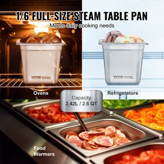 6 Paquete de Sartenes de Hotel, Sartén de Vapor Anti-Jam de Tamaño 1/6, Sartén de Mesa de Acero Inoxidable de 0.8 mm para Restaurante, Sartén de Mesa Comercial de 6 Pulgadas de Profundidad, Sartén...