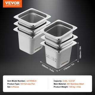 6 Paquete de Sartenes de Hotel, Sartén de Vapor Anti-Jam de Tamaño 1/6, Sartén de Mesa de Acero Inoxidable de 0.8 mm para Restaurante, Sartén de Mesa Comercial de 6 Pulgadas de Profundidad, Sartén...
