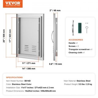 Puerta de Acceso BBQ, Puerta de Cocina Exterior Individual de 356x508 mm, Puerta de Montaje Empotrado de Acero Inoxidable, Puerta Vertical de Pared con Mango y Ventilaciones, para Isla BBQ, Estaci...
