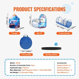 Tienda de Juego 3 en 1 para Niños con Túnel para Niños, Niñas, Bebés y Niños Pequeños, Casa de Juego Plegable para Interior/Exterior con Bolsa de Transporte y Correas de Sujeción Regalos de Cumple...