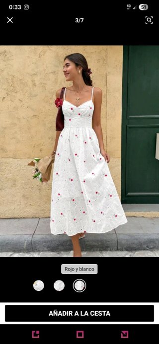 Vestido blanco calado flores rojas