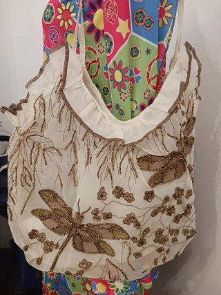 Bolso Zara nuevo tul bordado pedrería oro libelula
