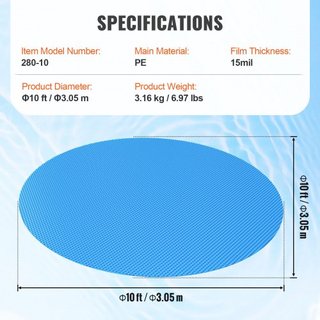 Cubierta Solar para Piscina, Manta Solar Redonda de Φ10 pies para Piscinas, Cubierta Solar para Piscina Inground y Above Ground, Cubiertas Solares de 15 mil Azul