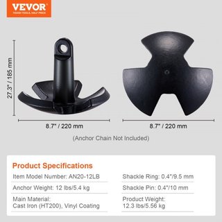 Ancla de Río, Ancla de Barco de 12 LBS de Hierro Fundido Recubierto de Vinilo Negro con Grillete, Ancla de Grado Marino en Forma de Hongo para Barcos de Hasta 10 pies, Impresionante Poder de Sujec...