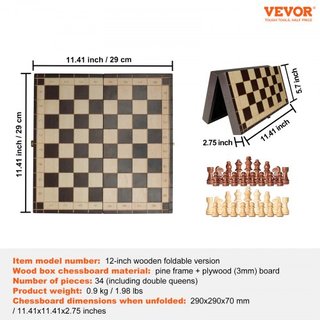 Gioco di Scacchi Magnetico in Legno, Set di Scacchi da 12 Pollici, Set di Scacchi per Principianti con 2 Regine Extra, Scacchiera Pieghevole con Pezzi Scacchistici, Spazi di Archiviazione...