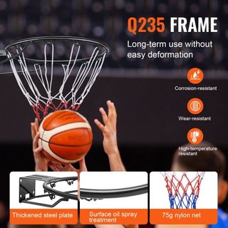 Aro de Baloncesto, Aro de Baloncesto Montado en Pared o Puerta, Aro de Baloncesto Flex de Q235 de Alta Resistencia con Red y Doble Resorte, Aro Colgante Estándar de 18" para Interiores y Exteriore...