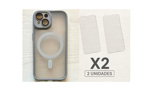 Pack completo iPhone 15: Funda gris + 2 protectore