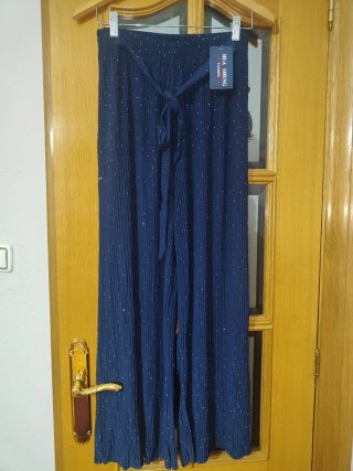 Pantalón Palazzo Azul con Brillantes Talla Única