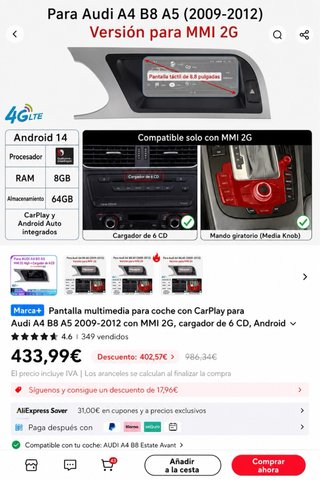 Pantalla Android 14 para Audi A4 B8 / A5 MMI 2G Hi