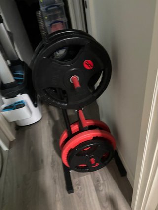 Discos de pesas y 2 bancos de gimnasio.