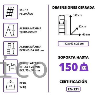 Escalera Telescópica Aluminio 5+5 Pestaña