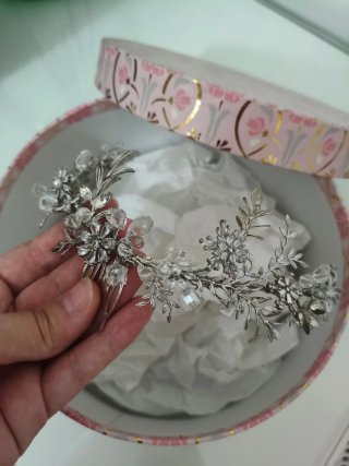Tocado Novia Artesanal Plata Flores