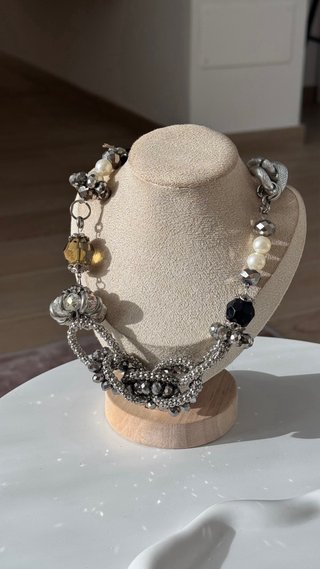 Collana donna nera argentata perle e cristalli