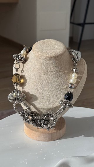 Collana donna nera argentata perle e cristalli