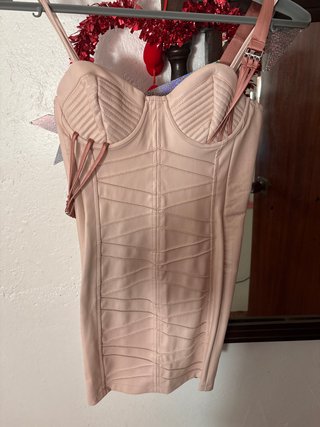Vestido corto cuero beige/rosa