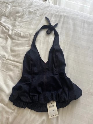 Top Zara Peplum Halter Jean Azul