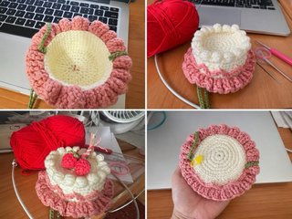 Mini sombrero de tarta de fresas a crochet