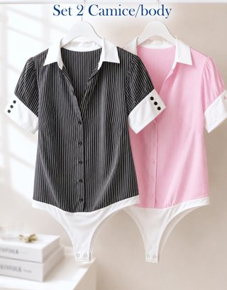 Set 2 Camicie Body Donna Rosa Nera Cotone