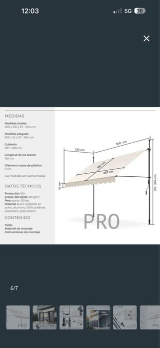 Toldo para balcón 3m x 1.2m