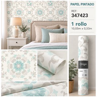 Papel Pintado Floral Mandala Turquesa y Beige