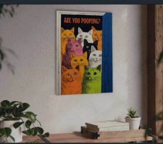 CARTEL GATOS EN PUERTA Y MENSAJE  ARE YOU POOPING?