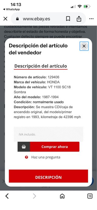 Honda Shadow Vt 1100 cdi 1987-1994 Original Honda
