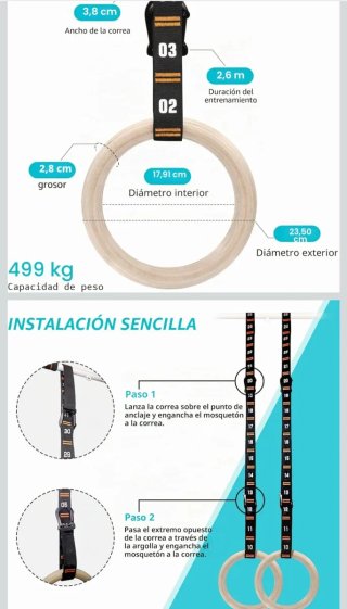Vulken Anillos Gimnasia Madera con Correas