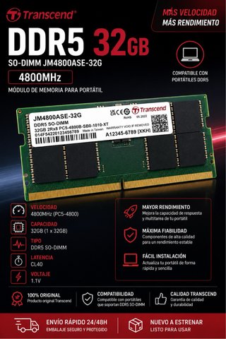 Memoria RAM Transcend DDR5 SO-DIMM 32GB 4800MHz