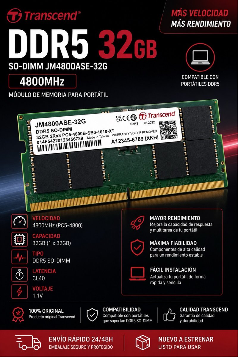 Memoria RAM Transcend DDR5 SO-DIMM 32GB 4800MHz