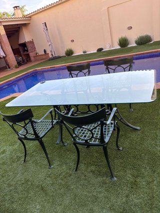 Mesa cristal jardín con 6 sillas metálicas
