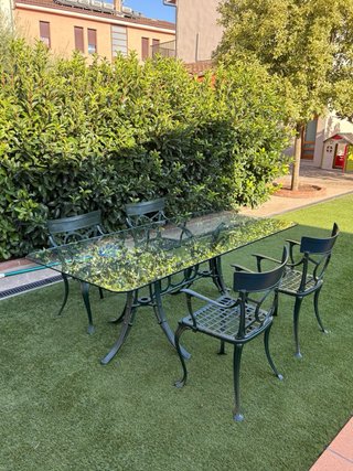 Mesa cristal jardín con 6 sillas metálicas