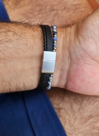 Pulsera Hombre Piel, Piedra Natural y Acero