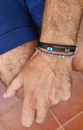 Pulsera Hombre Piel, Piedra Natural y Acero